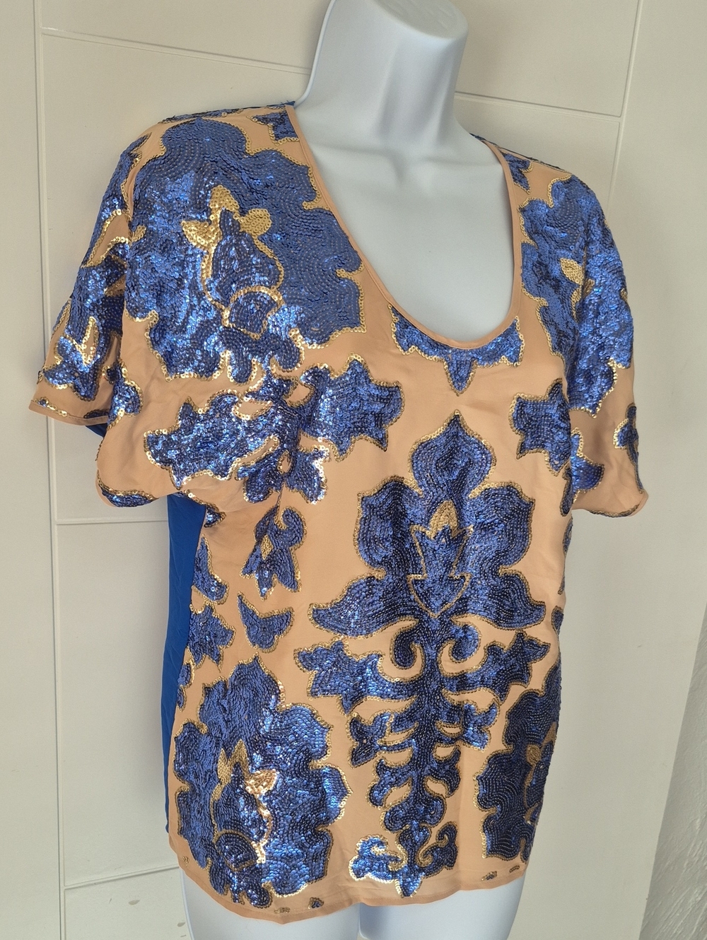 Neiman Marchs Tracy Reese Target Sequin Beige Blut Shirt Blouse Top S